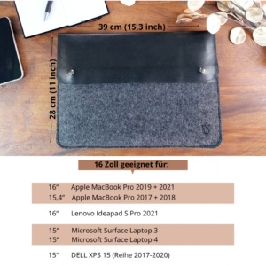 ViSation Nachhaltige Laptoptasche Schutzhülle für 16 Zoll, Notebookhülle 39x28cm, Leder, Filz, Schwarz/Grau